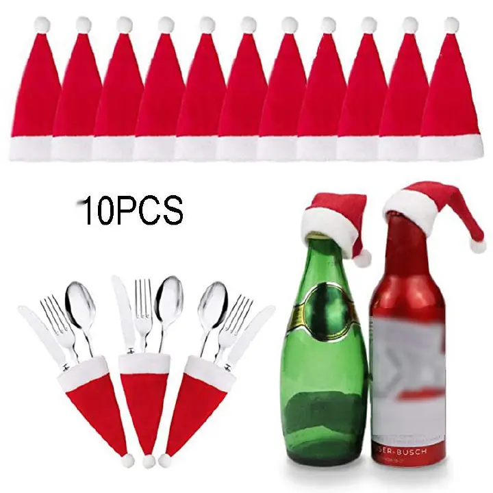 10pcs Christmas Hat Tableware Holder Fork Knife Cutlery Storage Holder Bag Home Decoration Accessories Kitchen Tableware Holde