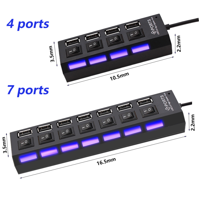 Multi USB 2.0 Hub Splitter Hub Use Power Adapter 4/7 Port Multiple Expander with Switch for PC Chargers Power Adapters Charging Stations