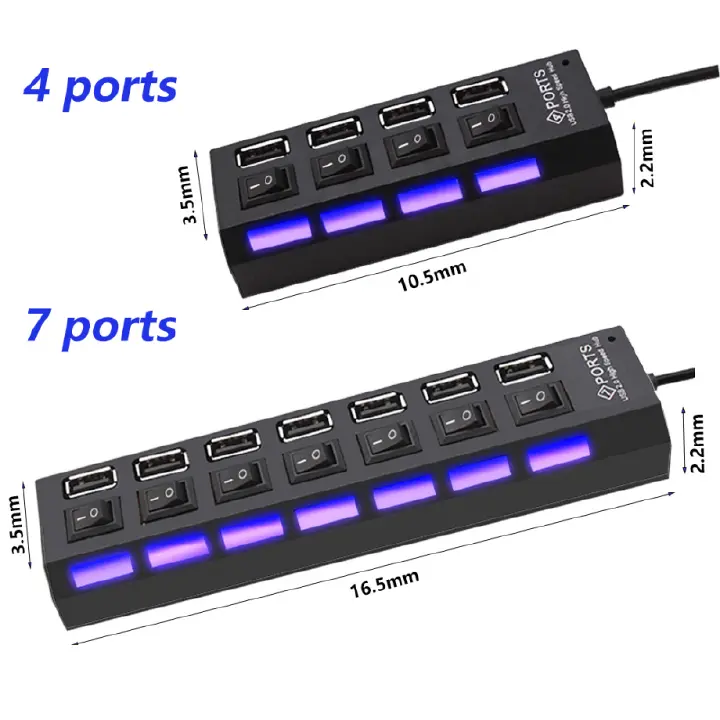 Multi USB 2.0 Hub Splitter Hub Use Power Adapter 4/7 Port Multiple Expander with Switch for PC Chargers Power Adapters Charging Stations