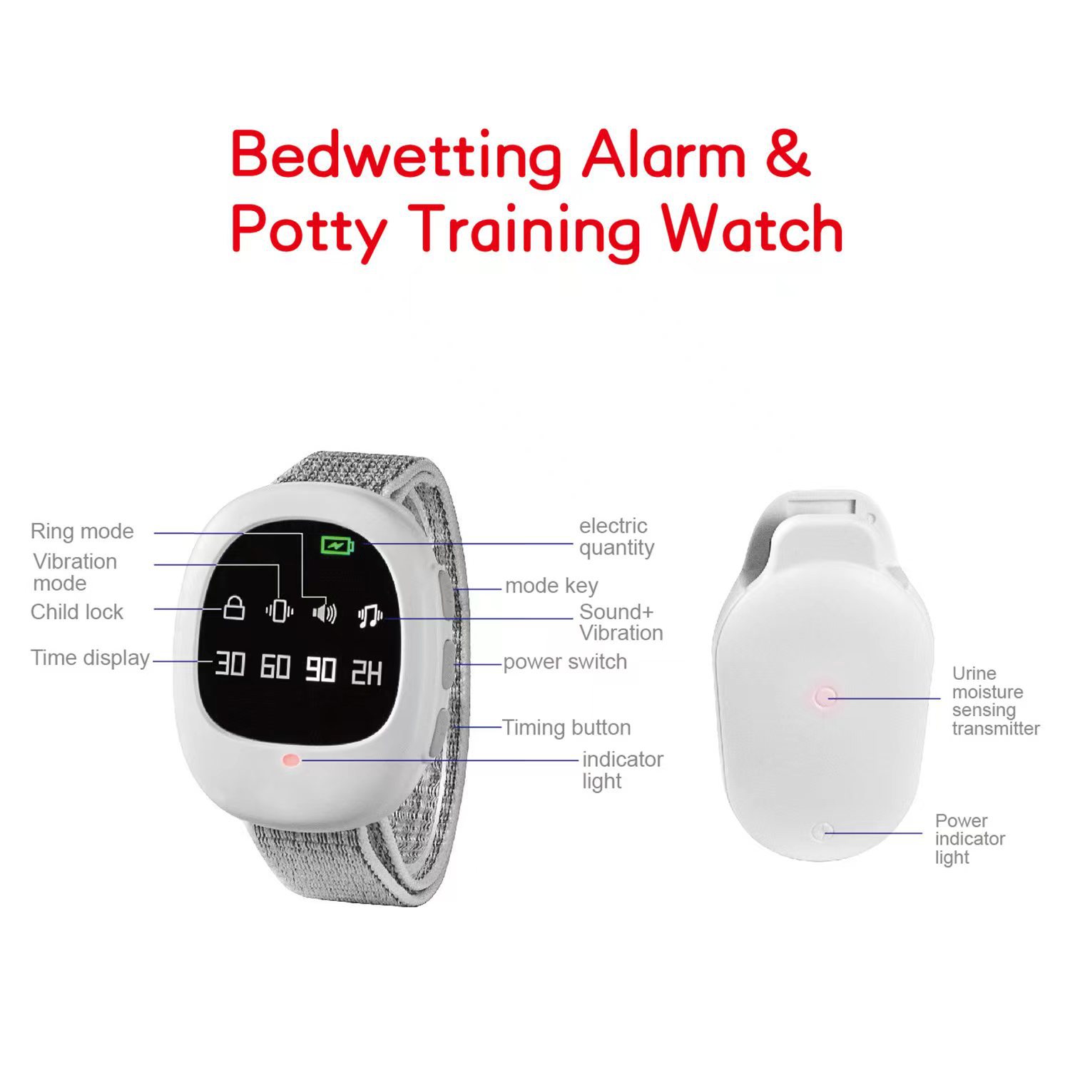 Wireless Bedwetting Alarm Pee Alarm with Receiver & Clip-on Transmitter for Kids Potty Training Elder Care Sound Reminding Potty Training Watch Baby & Maternity Products