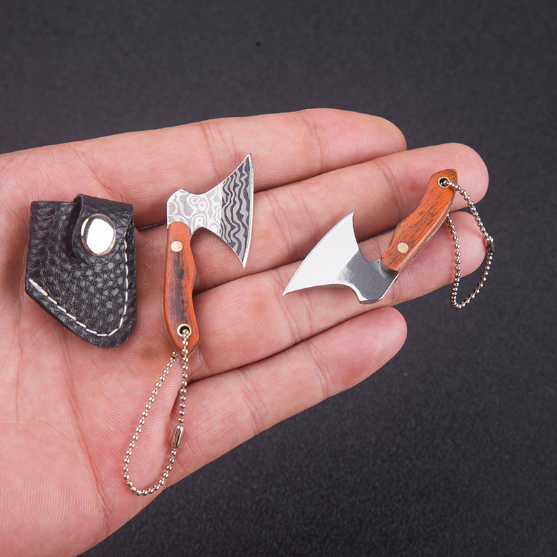 Portable Pocket Keychain Ax Knife Pocket Creative Mini Hatchet Knife Stainless Steel EDC Fixed Blade Wood Handle Kitchen Small Knives Decorating Rings