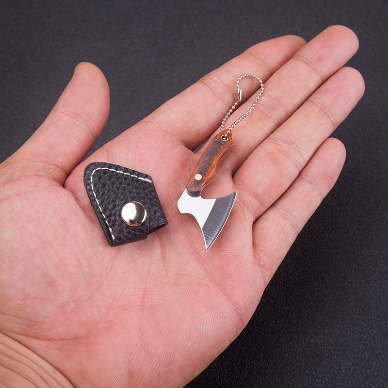 Portable Pocket Keychain Ax Knife Pocket Creative Mini Hatchet Knife Stainless Steel EDC Fixed Blade Wood Handle Kitchen Small Knives Decorating Rings