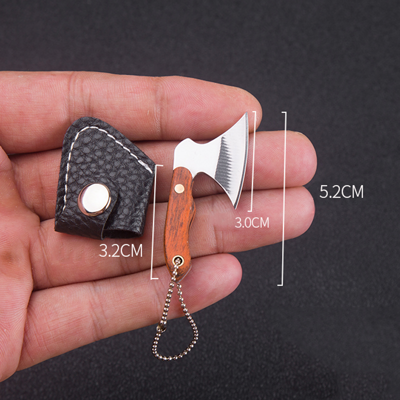Portable Pocket Keychain Ax Knife Pocket Creative Mini Hatchet Knife Stainless Steel EDC Fixed Blade Wood Handle Kitchen Small Knives Decorating Rings