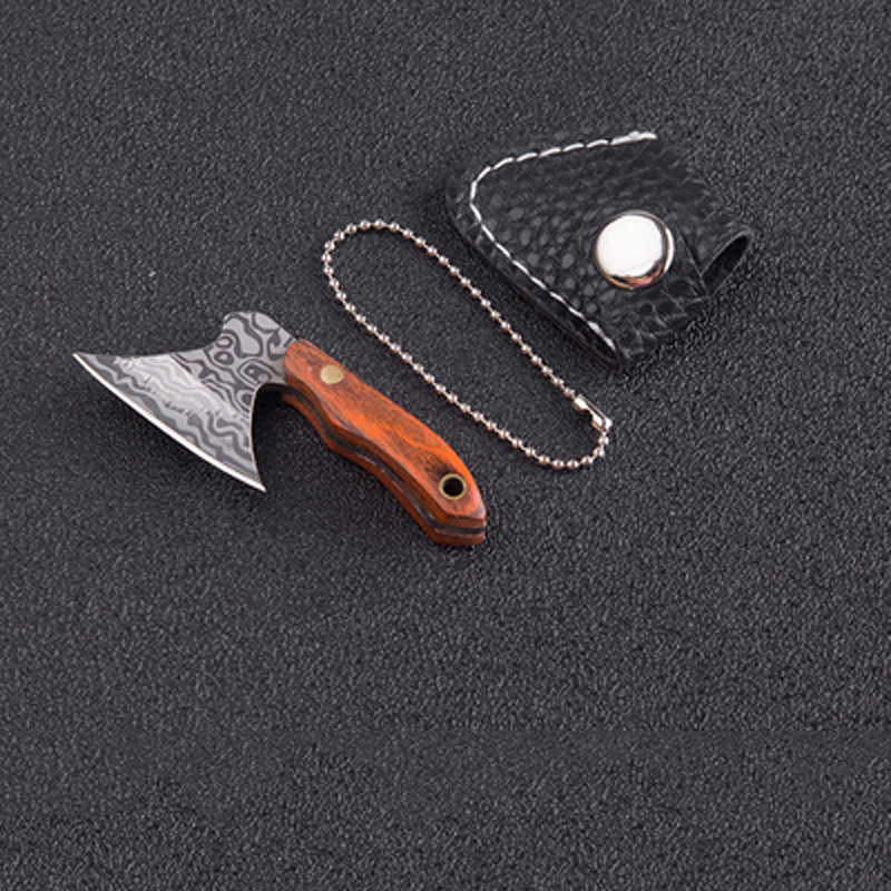 Portable Pocket Keychain Ax Knife Pocket Creative Mini Hatchet Knife Stainless Steel EDC Fixed Blade Wood Handle Kitchen Small Knives Decorating Rings