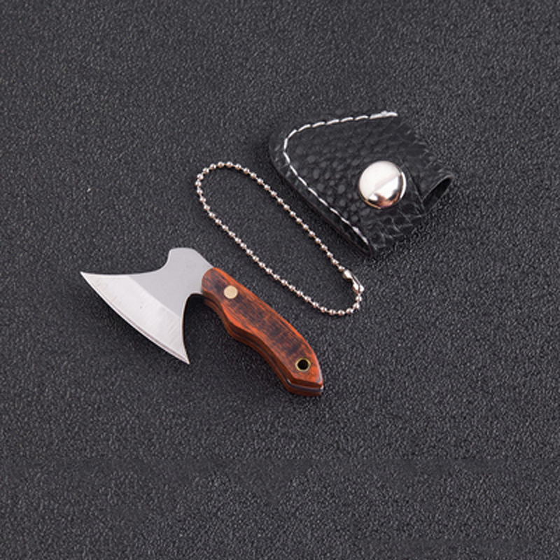 Portable Pocket Keychain Ax Knife Pocket Creative Mini Hatchet Knife Stainless Steel EDC Fixed Blade Wood Handle Kitchen Small Knives Decorating Rings