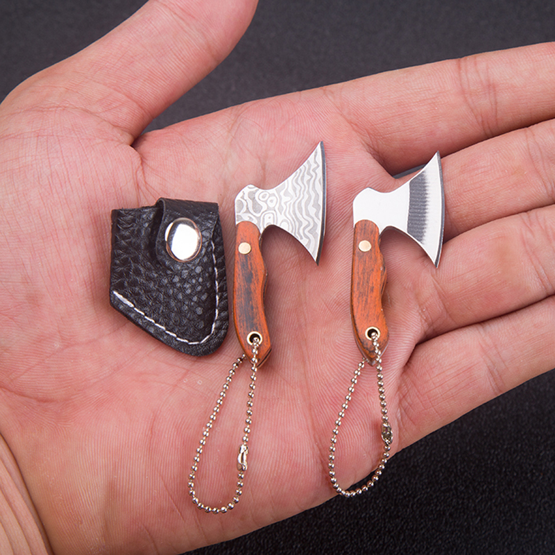 Portable Pocket Keychain Ax Knife Pocket Creative Mini Hatchet Knife Stainless Steel EDC Fixed Blade Wood Handle Kitchen Small Knives Decorating Rings