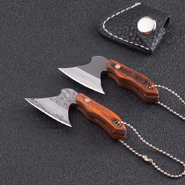 Portable Pocket Keychain Ax Knife Pocket Creative Mini Hatchet Knife Stainless Steel EDC Fixed Blade Wood Handle Kitchen Small Knives Decorating Rings