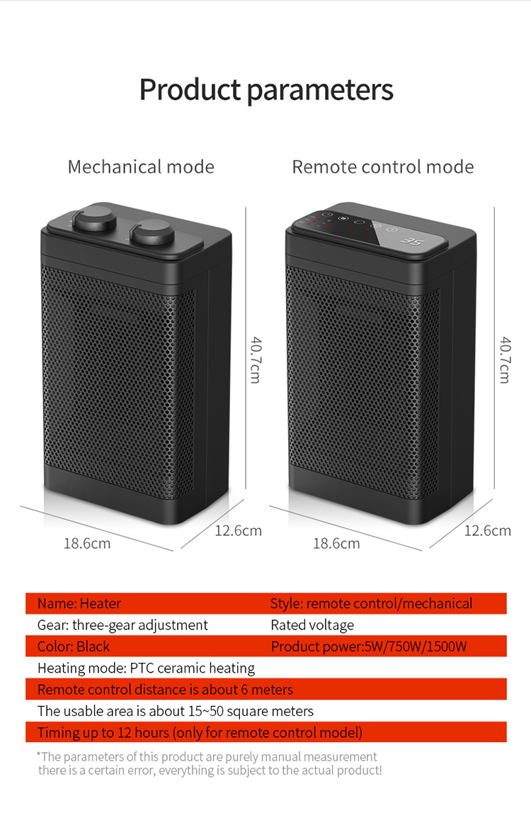 Heater For Home Electric Fan LED Display PTC Ceramic Space Heater 3 Temperature Adjustable Settings Portable