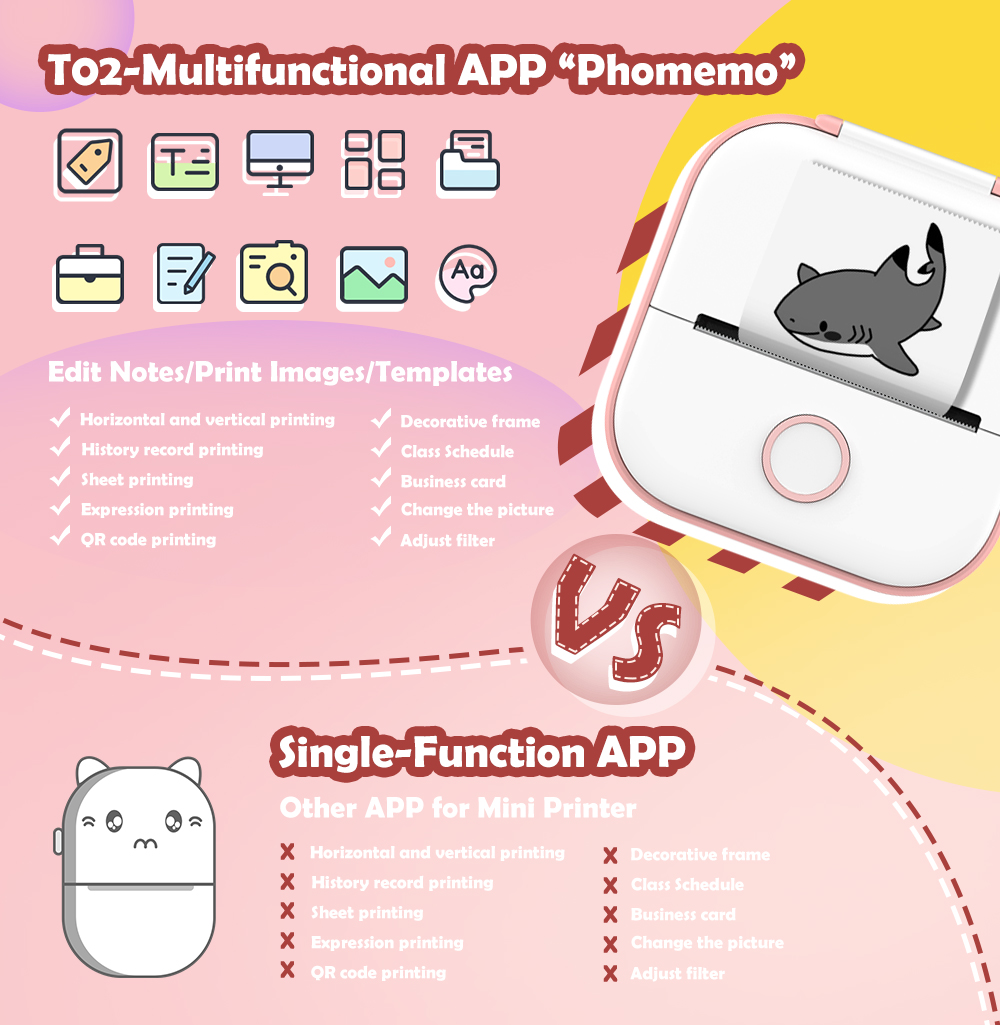T02 Mini Portable Printer Thermal Printing 53mm Sticker Wireless Inkless Mini Pocket Printer Self-adhesive Label Printer