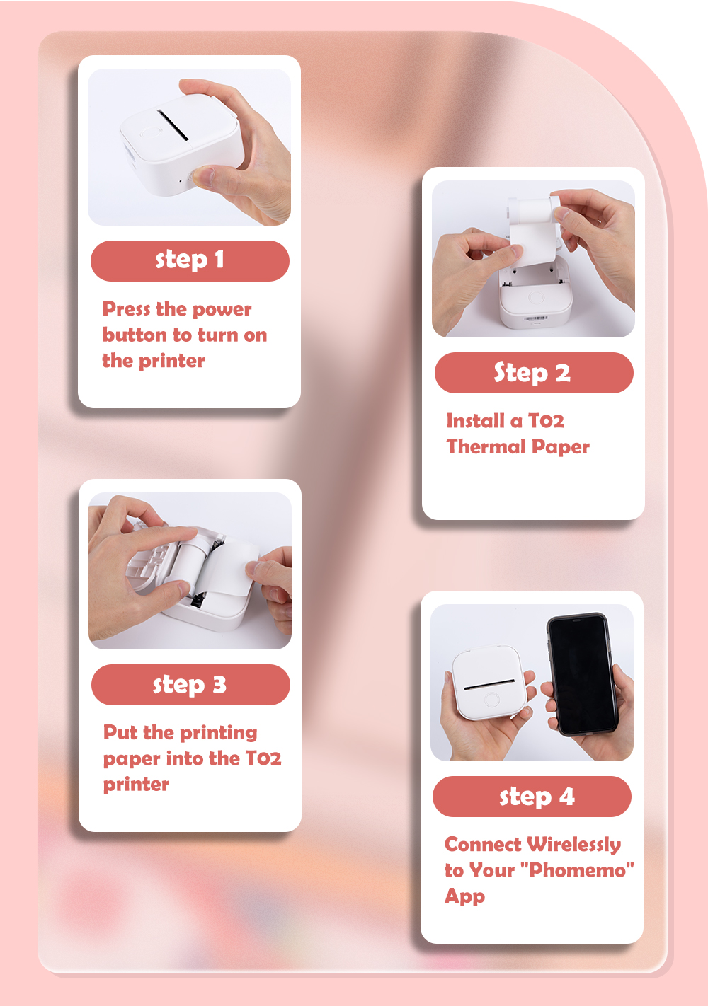 T02 Mini Portable Printer Thermal Printing 53mm Sticker Wireless Inkless Mini Pocket Printer Self-adhesive Label Printer