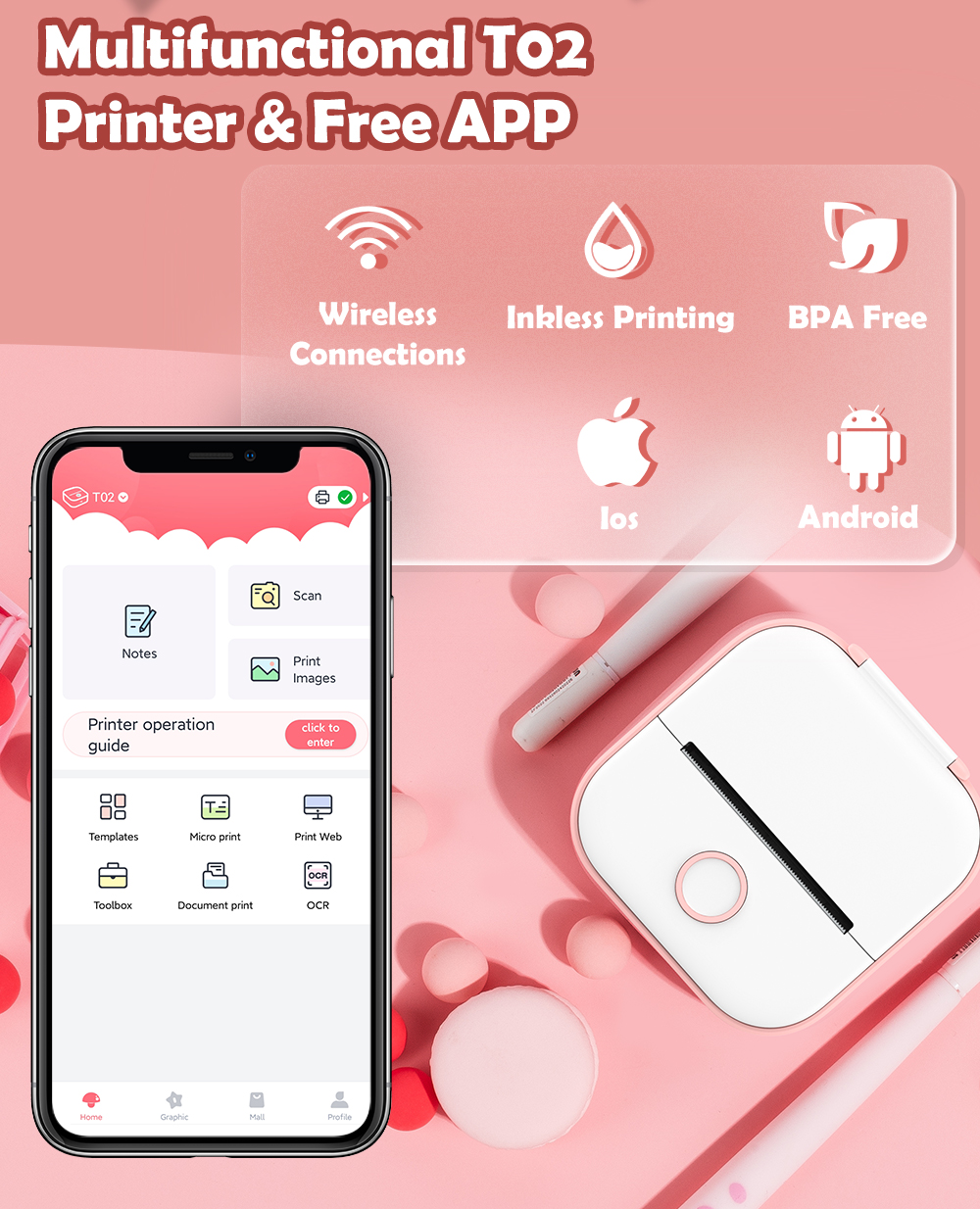T02 Mini Portable Printer Thermal Printing 53mm Sticker Wireless Inkless Mini Pocket Printer Self-adhesive Label Printer