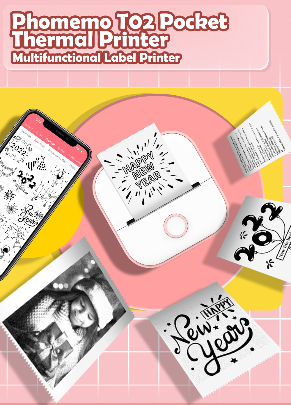 T02 Mini Portable Printer Thermal Printing 53mm Sticker Wireless Inkless Mini Pocket Printer Self-adhesive Label Printer