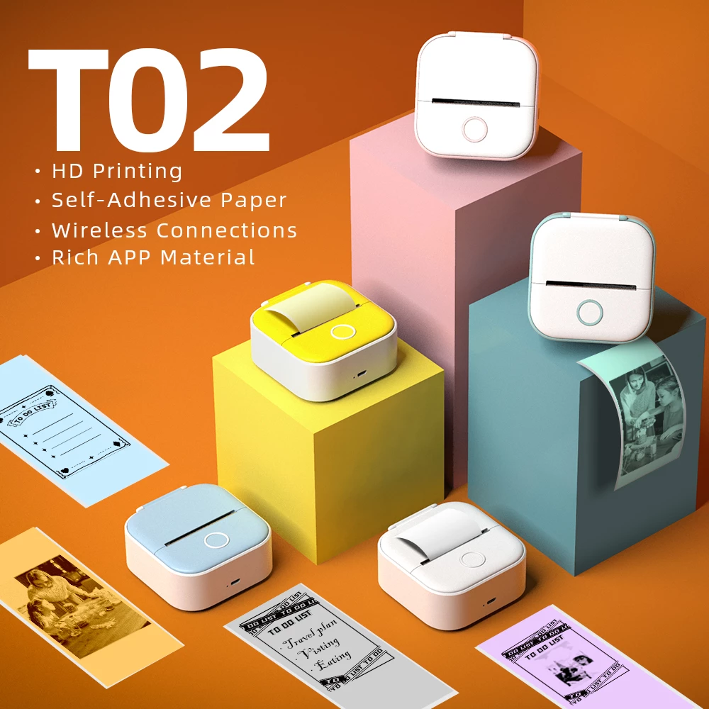 T02 Mini Portable Printer Thermal Printing 53mm Sticker Wireless Inkless Mini Pocket Printer Self-adhesive Label Printer