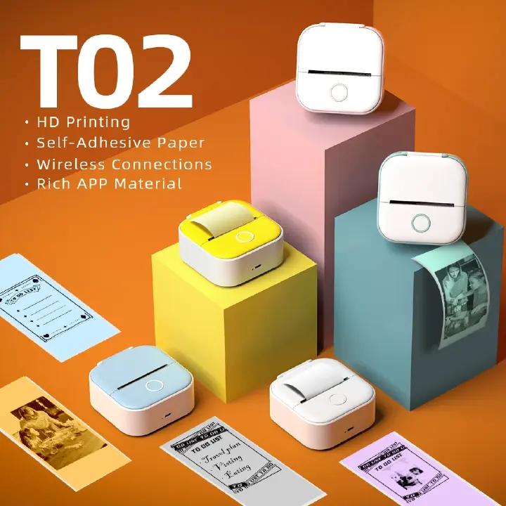 T02 Mini Portable Printer Thermal Printing 53mm Sticker Wireless Inkless Mini Pocket Printer Self-adhesive Label Printer