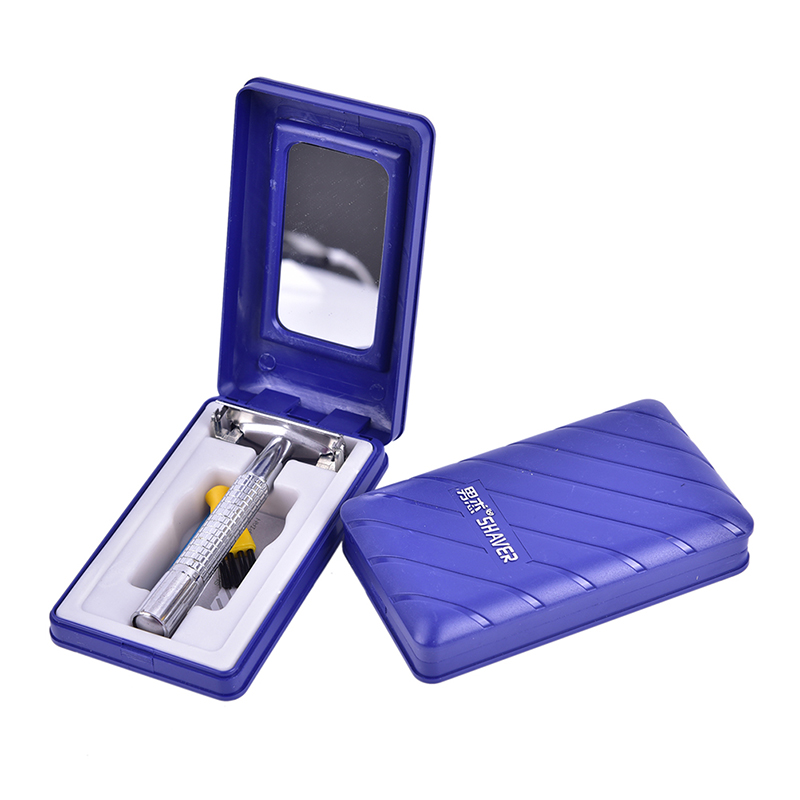 Men's Shaver Traditional Double Edge Chrome Wet Shaving Safety Handheld Manual Razor with 11 Blades Included With Travel Mirror Case Care Hair Beard