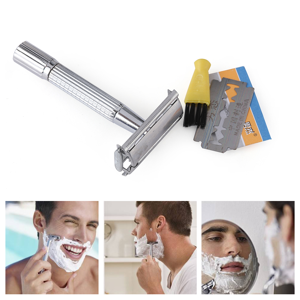 Men's Shaver Traditional Double Edge Chrome Wet Shaving Safety Handheld Manual Razor with 11 Blades Included With Travel Mirror Case Care Hair Beard
