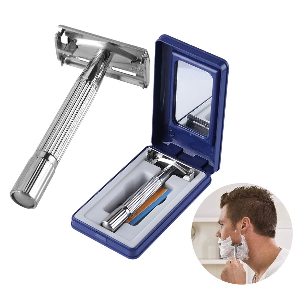 Men's Shaver Traditional Double Edge Chrome Wet Shaving Safety Handheld Manual Razor with 11 Blades Included With Travel Mirror Case Care Hair Beard