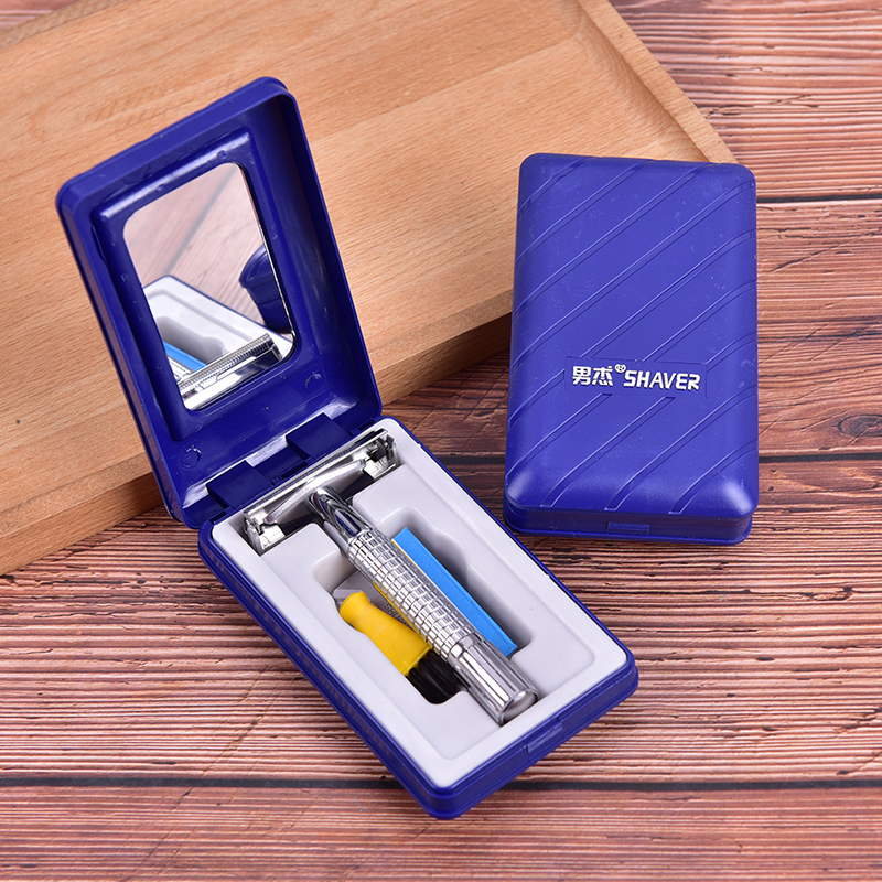 Men's Shaver Traditional Double Edge Chrome Wet Shaving Safety Handheld Manual Razor with 11 Blades Included With Travel Mirror Case Care Hair Beard