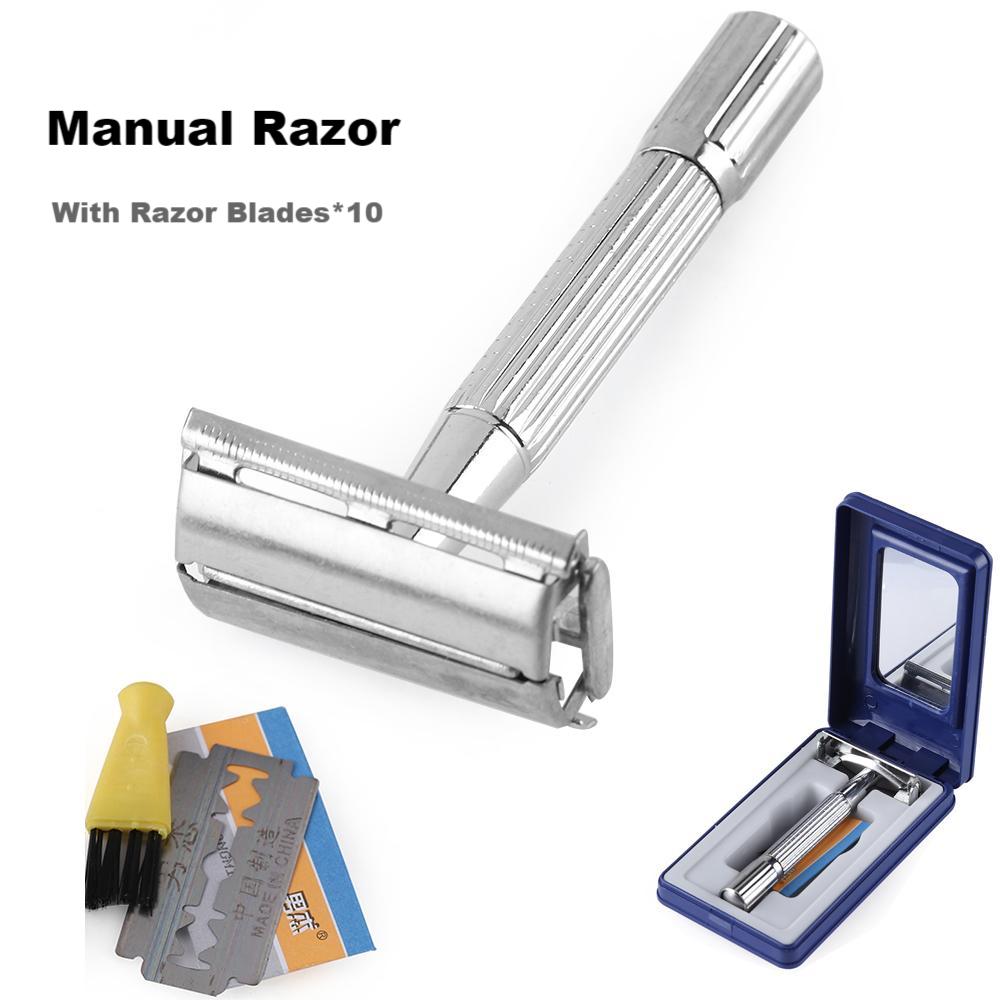 Men's Shaver Traditional Double Edge Chrome Wet Shaving Safety Handheld Manual Razor with 11 Blades Included With Travel Mirror Case Care Hair Beard