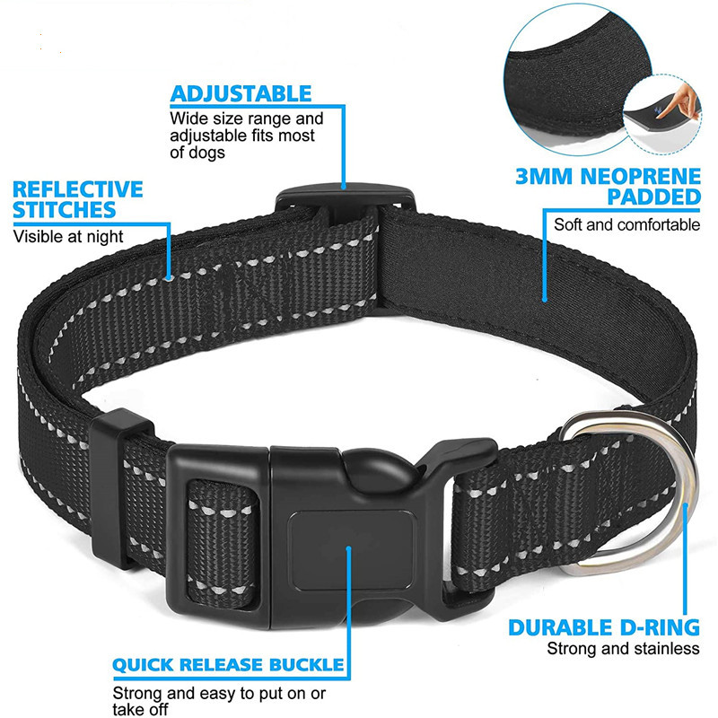 Reflective Dog Collar Soft Padded Breathable Pet Collar Adjustable for Small Medium Large Dog Polyester Pet Rope