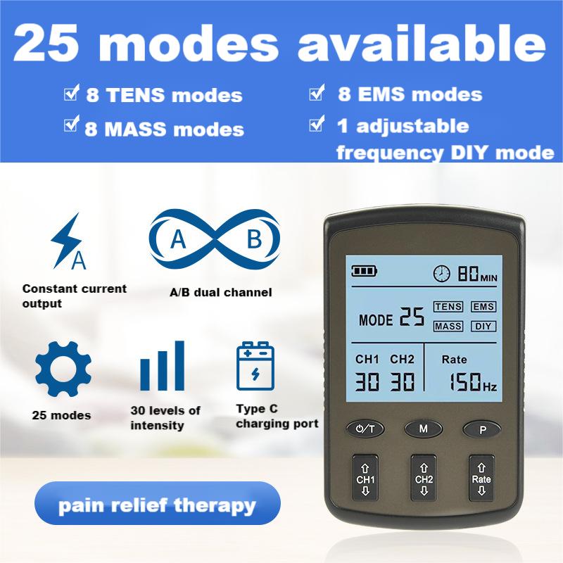 25 Modes 2 Output Electric EMS TENS MASS Machine Muscle Stimulator with Electrode Pads Health Care Prevent muscle atrophy