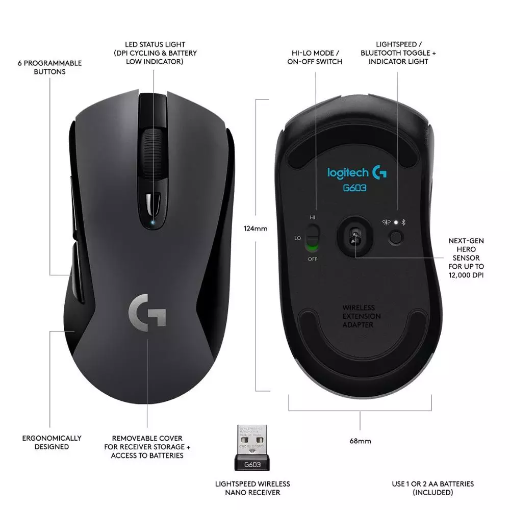 LOGITECH G603 WIRELESS GAMING MOUSE LIGHTSPEED OPTICAL 12000 DPI BLUETOOTH MOUSE FOR PC LAPTOP