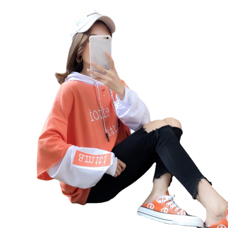 Women&apos;s sweater hooded long sleeve Korean version loose and thin embroidery sports fashion