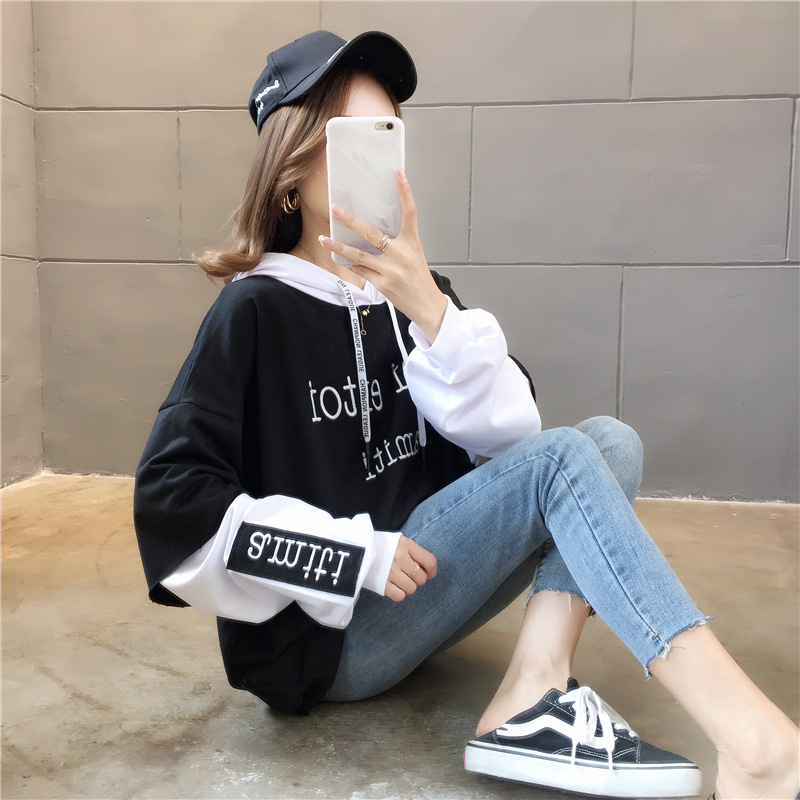 Women&apos;s sweater hooded long sleeve Korean version loose and thin embroidery sports fashion