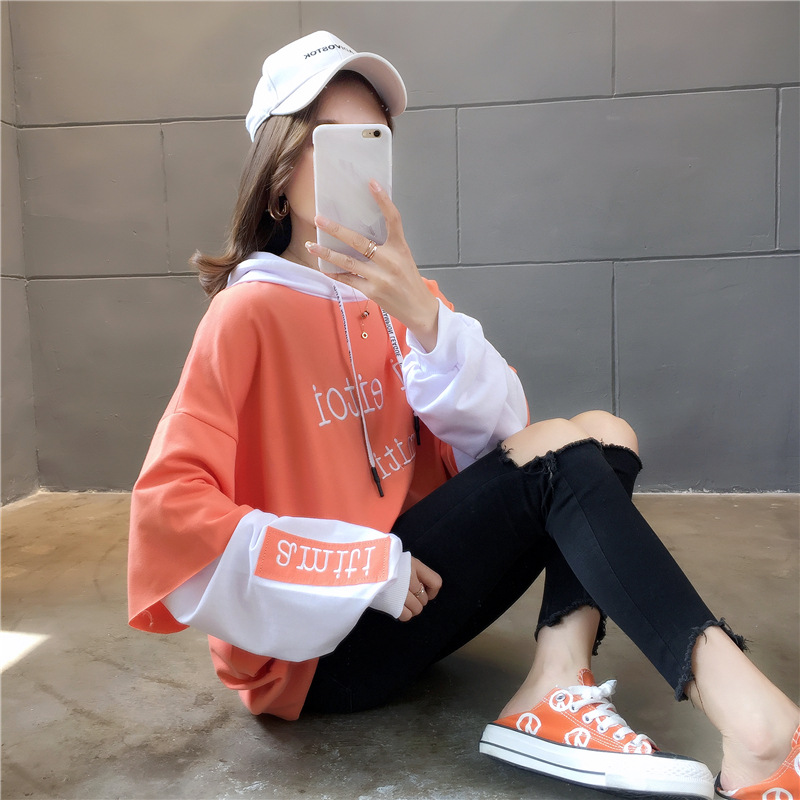 Women&apos;s sweater hooded long sleeve Korean version loose and thin embroidery sports fashion