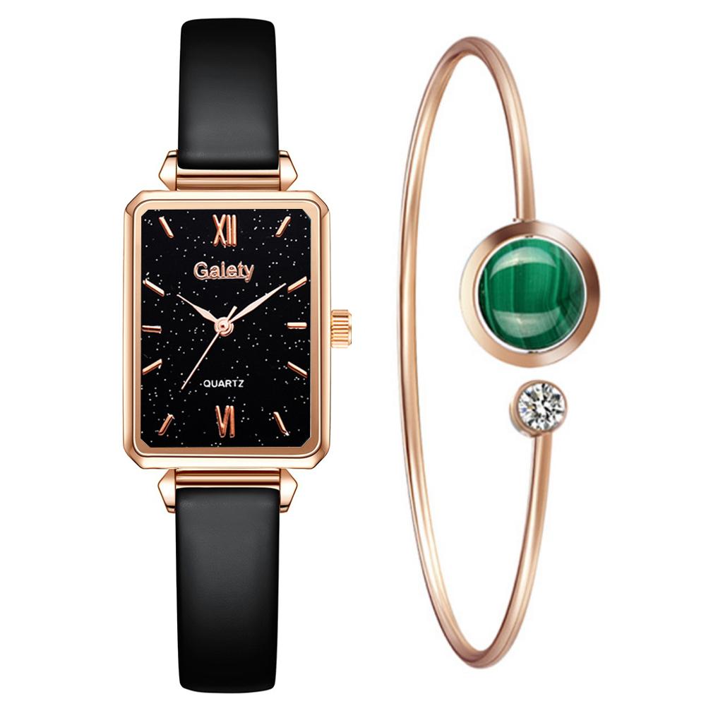 Gaiety Brand Women Watches Fashion Square Ladies Quartz Watch Bracelet Set Green Dial Simple Rose