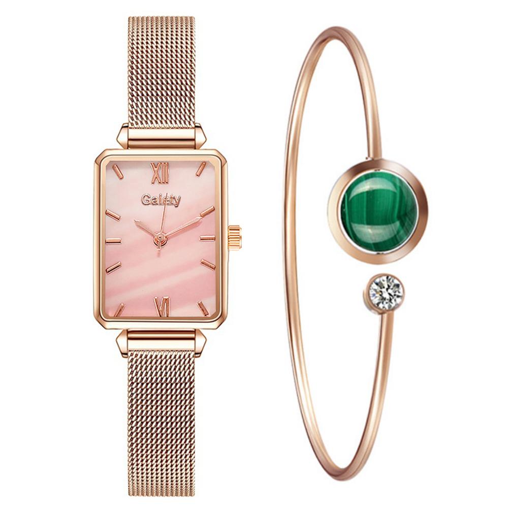 Gaiety Brand Women Watches Fashion Square Ladies Quartz Watch Bracelet Set Green Dial Simple Rose