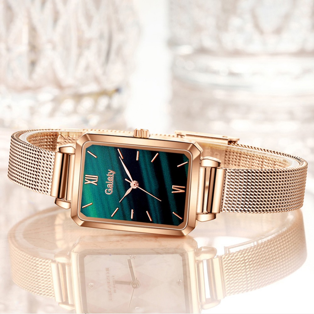 Gaiety Brand Women Watches Fashion Square Ladies Quartz Watch Bracelet Set Green Dial Simple Rose