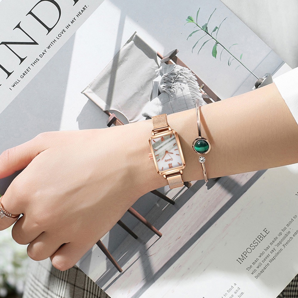 Gaiety Brand Women Watches Fashion Square Ladies Quartz Watch Bracelet Set Green Dial Simple Rose