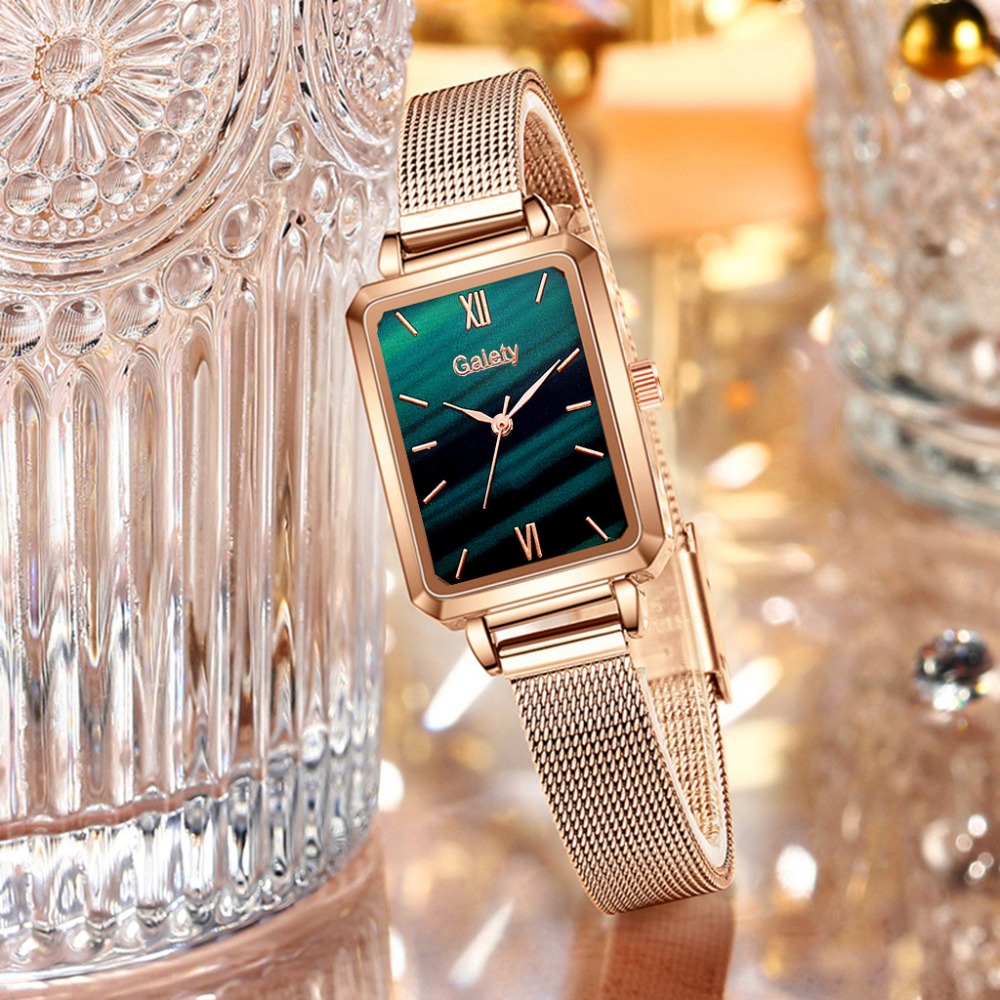 Gaiety Brand Women Watches Fashion Square Ladies Quartz Watch Bracelet Set Green Dial Simple Rose