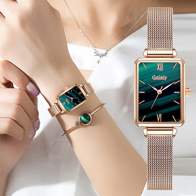 Gaiety Brand Women Watches Fashion Square Ladies Quartz Watch Bracelet Set Green Dial Simple Rose
