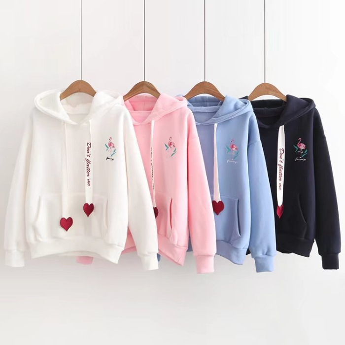 Korean women&apos;s loose thickened hooded sweater top ribbon embroidery large long sleeved sweater