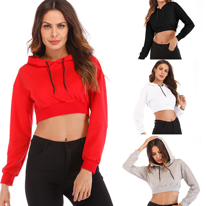 Women's sweater long sleeve hooded casual loose navel exposed jacket fashion sports leisure