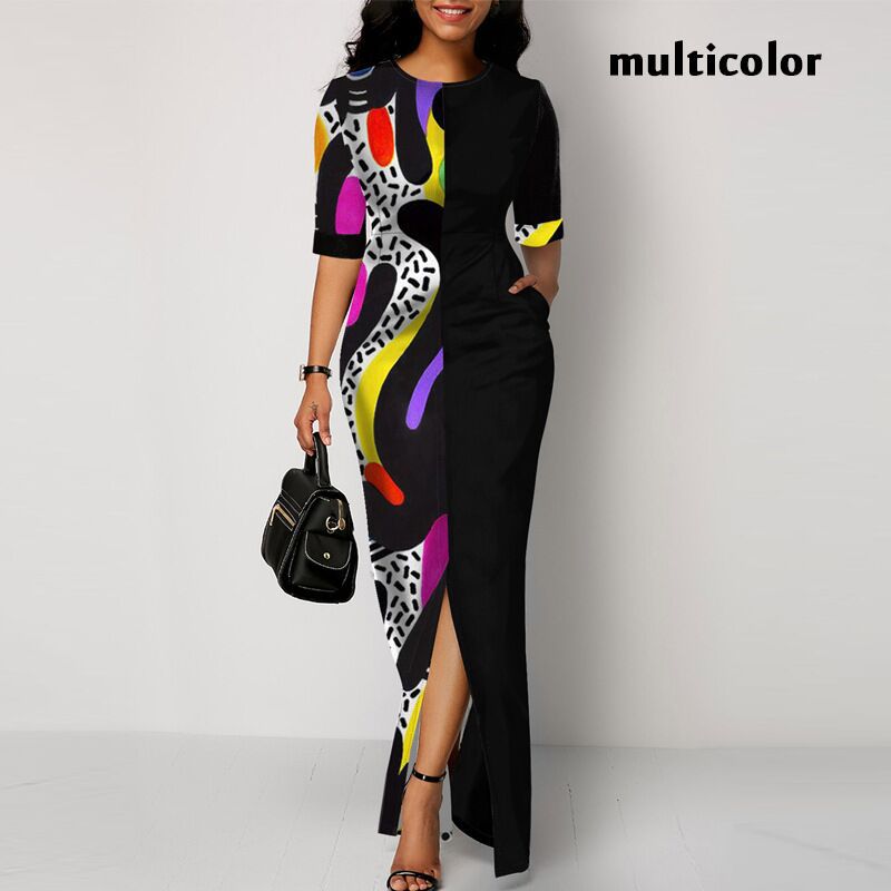 Clothes   Women's Clothes   Dresses Women's short sleeved long skirt slim fit stitched pocket printed split dress