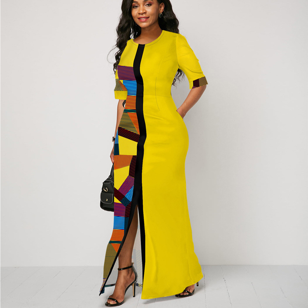 Clothes   Women's Clothes   Dresses Women's short sleeved long skirt slim fit stitched pocket printed split dress
