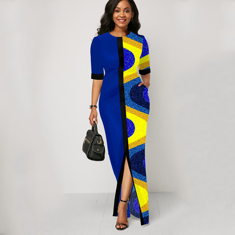 Clothes   Women's Clothes   Dresses Women's short sleeved long skirt slim fit stitched pocket printed split dress