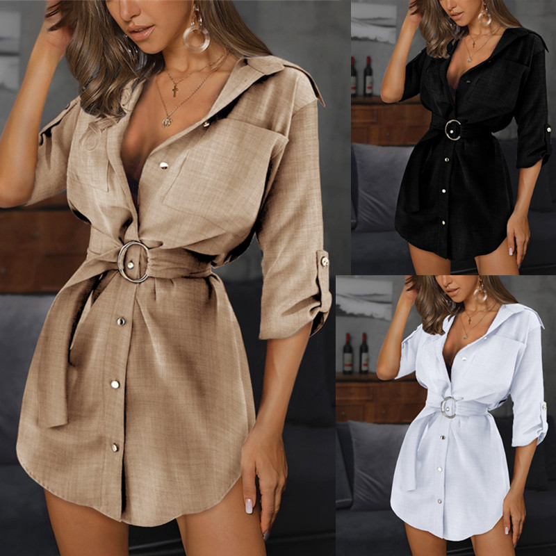 Clothes   Women's Clothes   Dresses European and American suit Lapel dress summer shirt pull sleeve V-neck dress cool style shirt short skirt female