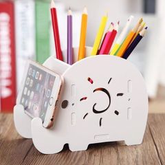 Wood Pen Pencil Holder Container Stationery Case Office Desktop Box Multifunctional Elephant Pen And Mobile Rack Holder White