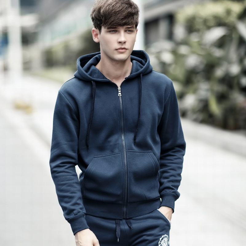 Men&apos;s casual sweater youth pure color Hoodie cotton knitted cardigan Hooded Coat men&apos;s sweater