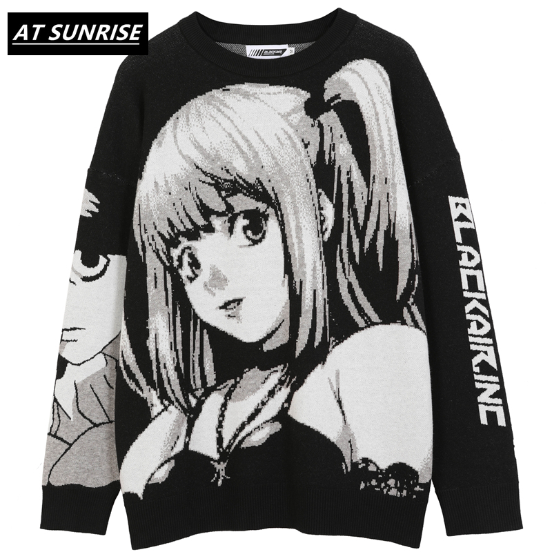 Mens Hip Hop Streetwear Harajuku Sweater Retro Japanese Style Anime Girl Knitted Cotton Pullover