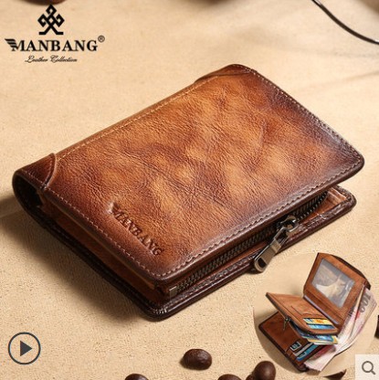 ManBang Genuine Leather Men Wallet Small Card Holder Wallet Pocket Retro purse