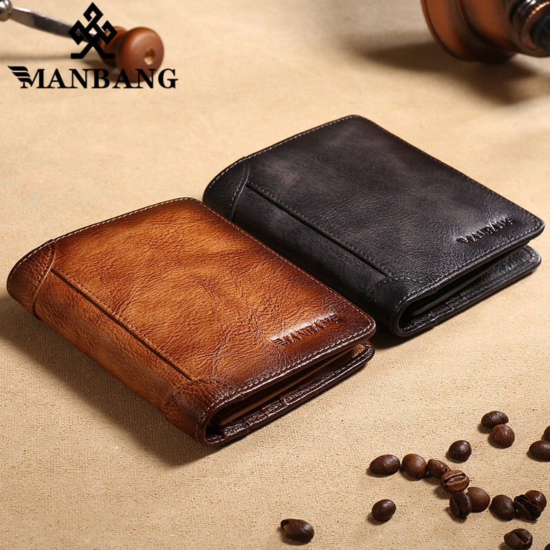 ManBang Genuine Leather Men Wallet Small Card Holder Wallet Pocket Retro purse