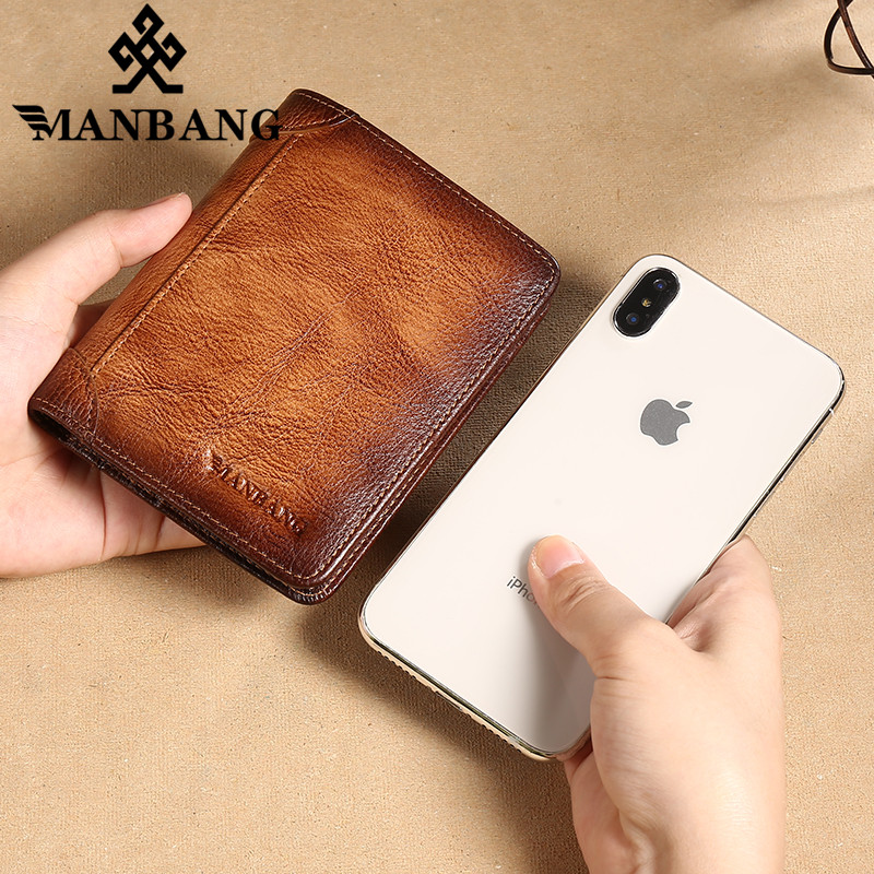 ManBang Genuine Leather Men Wallet Small Card Holder Wallet Pocket Retro purse