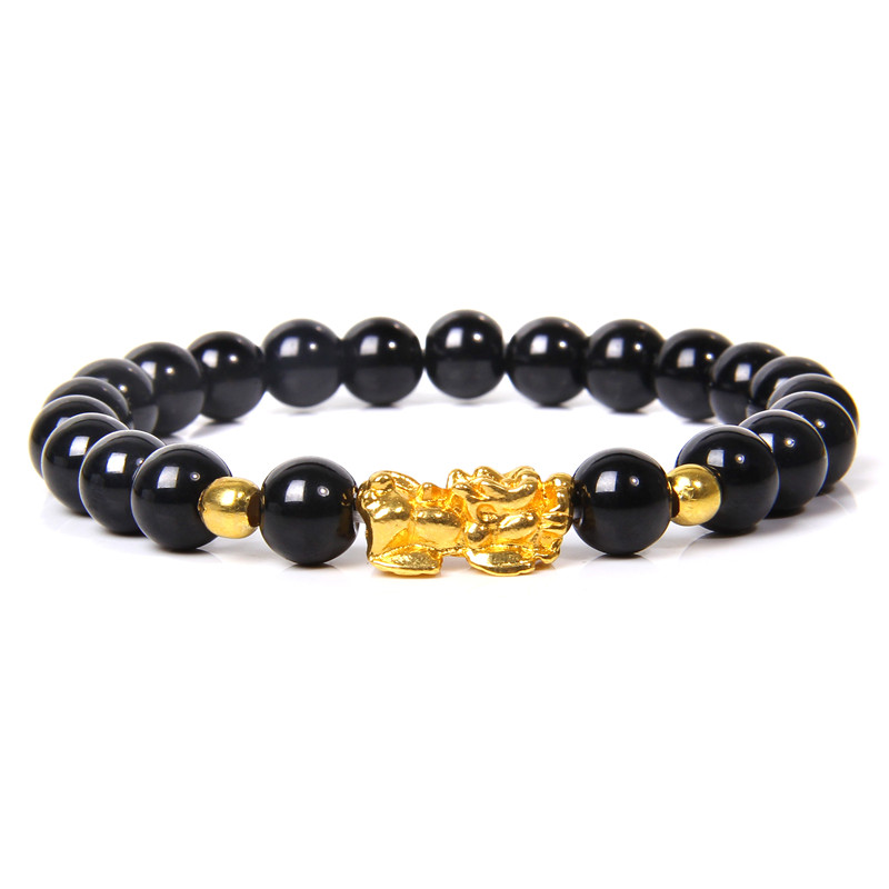 4pcs Men Feng Shui Luck Wealth Buddha Black Obsidian stone hombre Gold Charm Bracelet Gifts