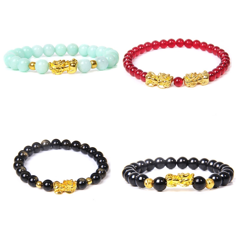 4pcs Men Feng Shui Luck Wealth Buddha Black Obsidian stone hombre Gold Charm Bracelet Gifts