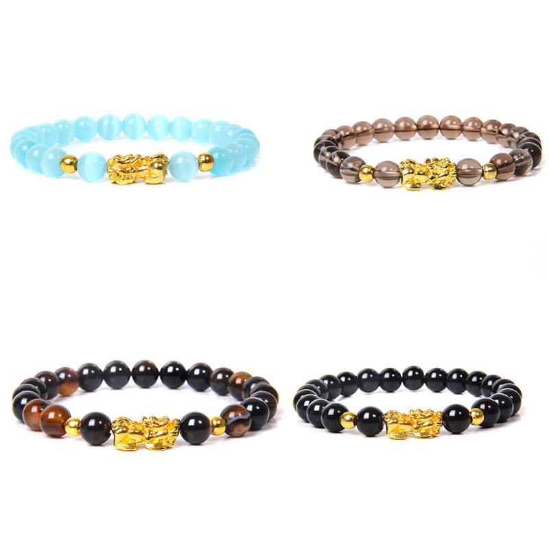 4pcs Men Feng Shui Luck Wealth Buddha Black Obsidian stone hombre Gold Charm Bracelet Gifts
